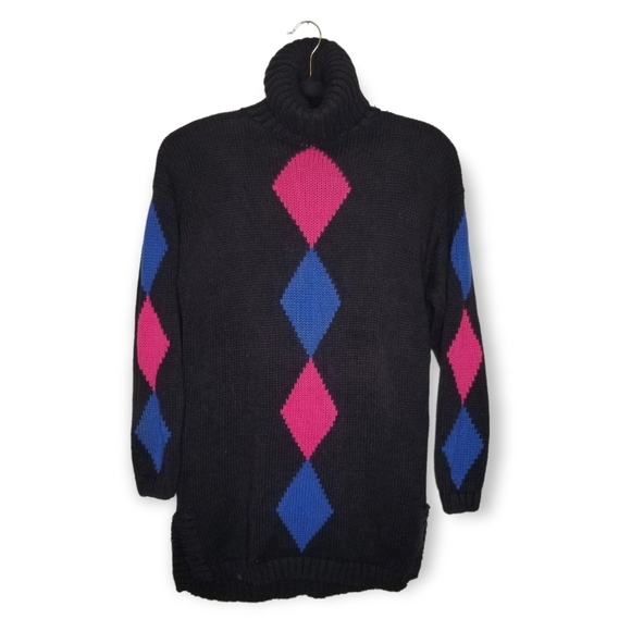 Vintage 80s 90s sweater tunic rolled turtleneck black blue pink S - Picture 1 of 4